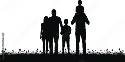 Silhouette family standing together in nature field, parents with children, outdoor lifestyle, family love, bonding, parenting, meadow background, togetherness illustration design