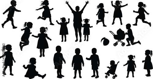 Silhouette Vector Collection of Active Children Playing, Running, Walking, and Jumping with Toys and Parents on White Background