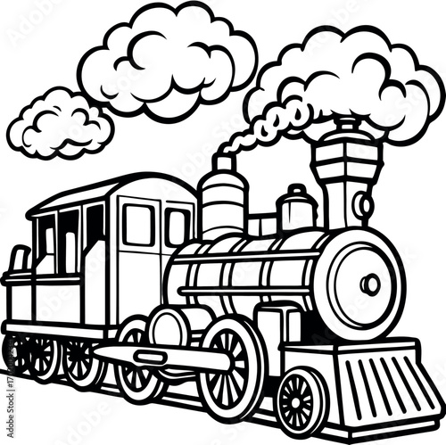 Classic steam train with puffs of smoke in black and white