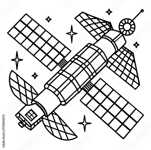 Black and white illustration of a futuristic space station with solar panels