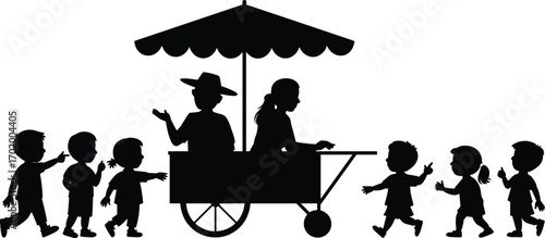Silhouette of children walking toward street vendor cart with umbrella, kids playing outdoors, happy childhood, summer fun, outdoor market scene