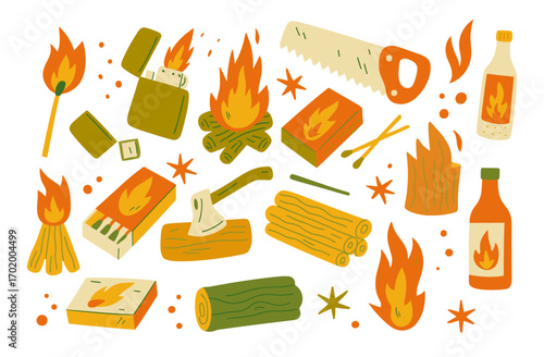 Camping and Bonfire Doodles Set. Retro Outdoor Adventure Icons. Vintage Fire Making Elements. Rustic Survival Graphic Collection.