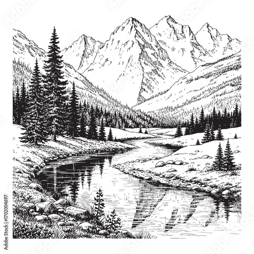 Hand-Drawn Mountain River Scene – Black and White Landscape