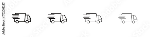 Fast shipping delivery truck icons illustrations collection on white background. Pixel perfect vector graphics