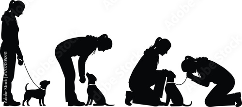 Silhouette vector illustration of woman training dog in various poses, teaching commands, obedience, bonding, and leash walking in black design.