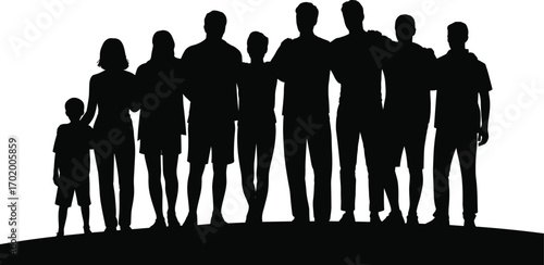 Silhouette of diverse group of people standing together, friendship, family, unity, support, outdoors, teamwork, community, bonding, happiness, connection, togetherness