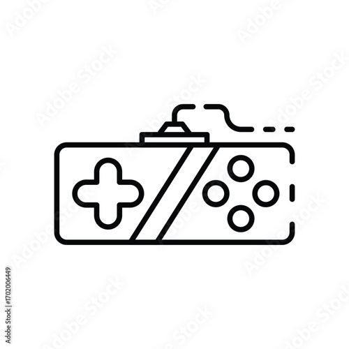 A black line drawing of a rectangular game controller with a directional pad buttons and a joystick connected by a wired cord. Editable stroke icon
