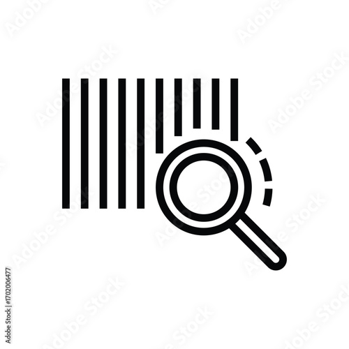 A blackandwhite icon features a barcode being examined by a magnifying glass. Editable stroke icon
