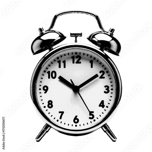 Vintage alarm clock illustration in halftone style. Retro black and white timepiece for schedule, deadline, wake up, punctuality design.
