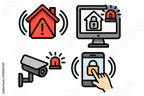 Modern home security icons set showing digital alerts, monitoring camera, smart locks, mobile control, and safety system in a cartoon vector style with transparency