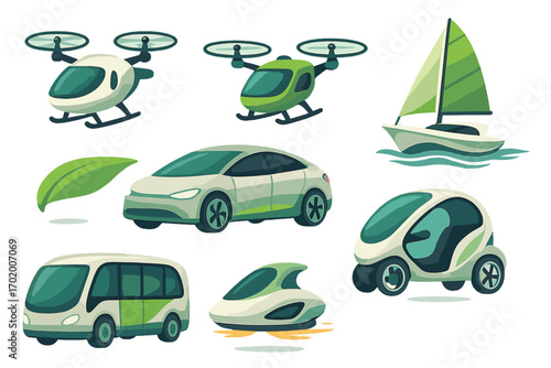 Various futuristic transportation modes showcasing eco-friendly designs including drones, electric cars, smart hover vehicles, green sailboats, and electric buses, vector illustration
