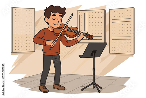 Violinist practicing in modern acoustic studio with sound panels and music stand, dedicated rehearsal session, cartoon vector illustration for music learning and performance
