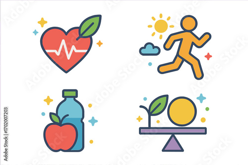 Colorful health and wellness symbols vector with heart, fitness, hydration, and balance icons for healthy lifestyle, activity, nutrition, and community illustration