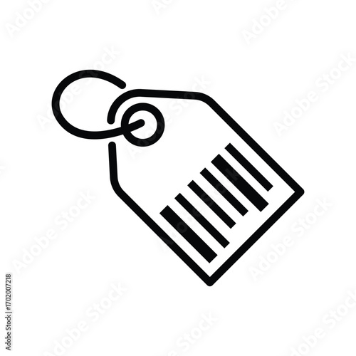A price tag with barcode stripes hangs with a loop from its top. Editable stroke icon