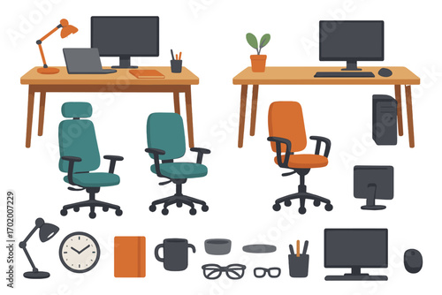 Modern office furniture and workspace accessories layout with ergonomic chairs, desks, computer monitors, desk lamps, stationery, glasses, coffee mug, and clock, vector cartoon illustration