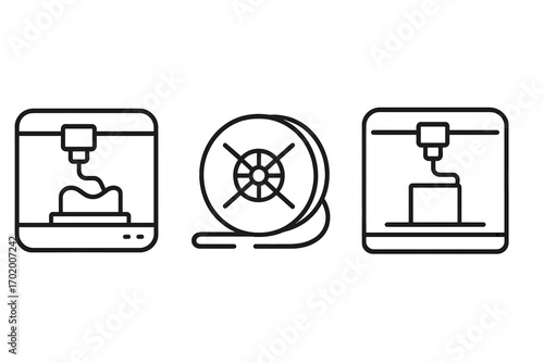 3D printer icons set. Flat linear symbols for printer, filament, and printing process. Vector illustration for additive manufacturing, prototyping, and modern technology.