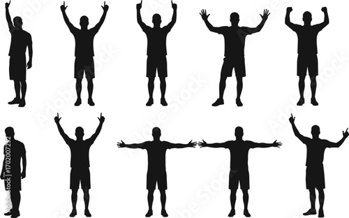 Silhouette man standing, different body poses, raised hands, open arms, victory gesture, fitness illustration, active lifestyle, success concept, strong figure