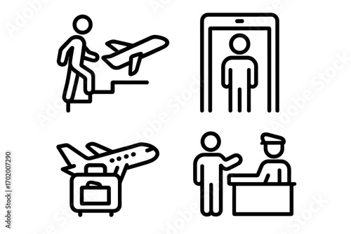Air travel and airport procedure icon set. Minimalist line art vector icons for boarding, security scan, passport control, and luggage. Simple pictograms for flights and transport.