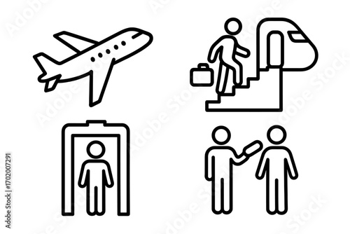 Air travel icon set. Airport flight, boarding and security check pictograms. Simple line art airplane, passenger, metal detector and scanning vector symbols for aviation.