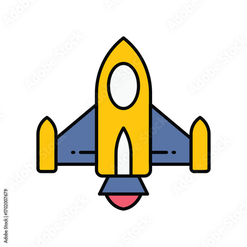 A stylized cartoonlike image of a rocket ship with yellow body blue wings and a red base
