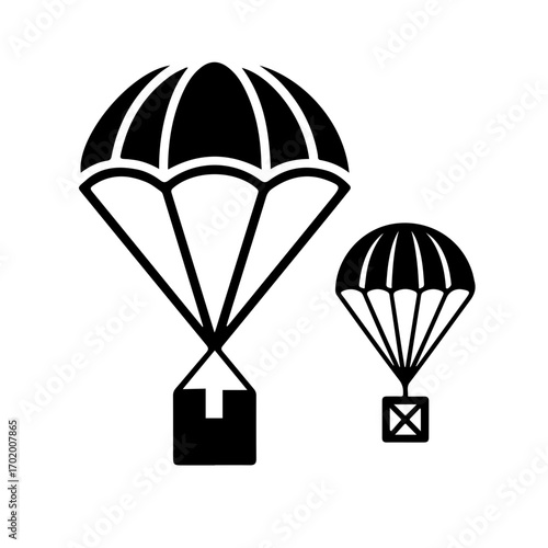 Airdrop Parachute with Box Delivery Icon Set Isolated on White Background. Vector Symbols for Humanitarian Aid and Express Shipping.