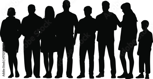 Silhouette of large diverse family group standing together, people of different ages, generations, community concept, unity, family bond