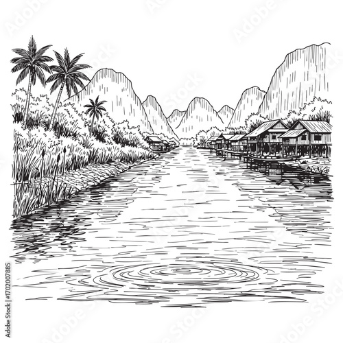 Tropical River and Mountains – Vintage Engraved Landscape Illustration