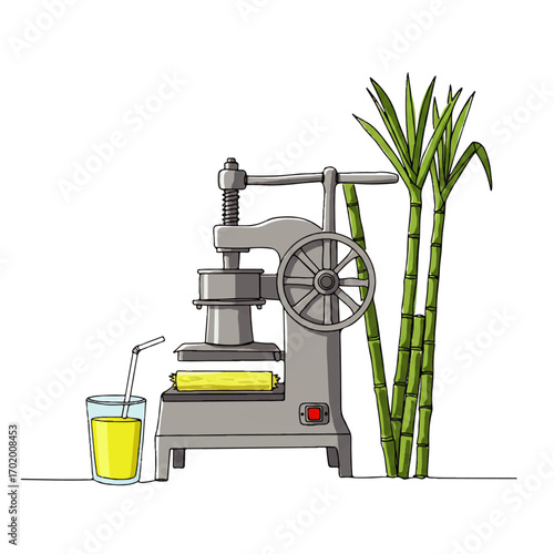 Fresh sugarcane juice extraction with vintage press machine and glass ready to serve cool drink