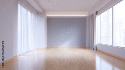 Wallpaper Mural Bright Empty Room with Wooden Floor, Sheer Curtains, and Large Windows Ideal for Staging Torontodigital.ca
