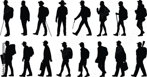 Silhouette of male hikers, walkers, explorers with backpack, outdoor walking poses, trekking gear, travel activity, nature adventure, hiking collection illustration