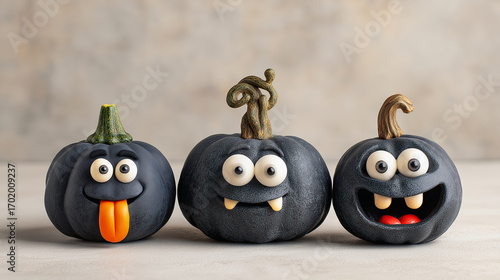 Dark mischief comes alive with these Halloween black pumpkins, their wide eyes and playful teeth creating a mix of spooky fun and cheeky seasonal spirit.
