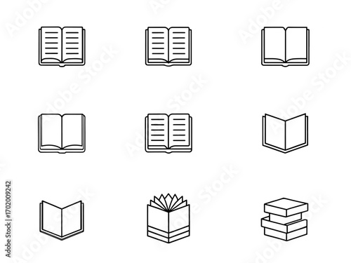 Collection of black outline book icons on white background