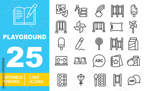 Playground line icon set. Puzzles, xylophone, rainbow, swings, popsicle, pinwheel, pillow, pencil, lollipop, milk, apples, blocks, alphabet, notebook, juice, toy. Editable stroke icons collection.