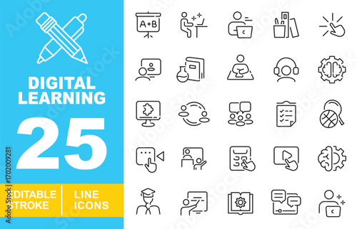 Digital Learning line icon set. Whiteboard, student, user, stationery, click, profile, science, reader, headphones, brain, monitor, network, discussion, checklist. Editable stroke icons collection.
