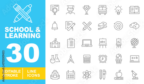 School & Learning line icon set. Search, student, trophy, bus, idea, book, bell, diploma, stationary, fossil, planet, brain, building, checklist, laptop, board, abacus. Editable stroke icon collection