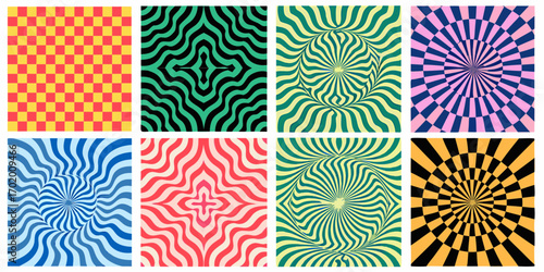 Collection of eight vibrant psychedelic op art patterns with optical illusions and geometric designs