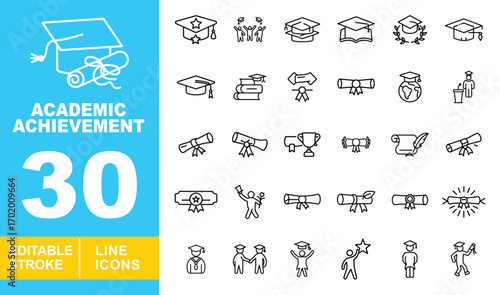 Academic Achievement line icon set. Graduationcap, graduates, stack, book, wreath, diploma, globe, speaker, trophy, quill, certificate, celebrate, student, award. Editable stroke icons collection.