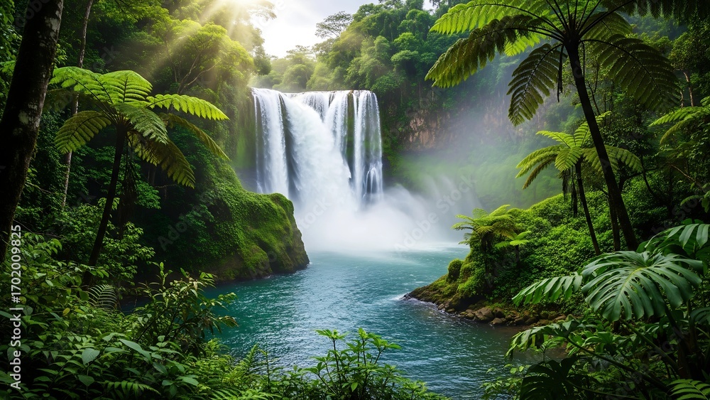 Fototapeta premium Dramatic waterfall cascading through lush green jungle, mist rising with vibrant colors, cinematic atmosphere showing the raw beauty and untamed power of tropical nature.