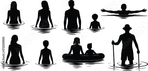 Silhouette of people swimming, relaxing in water, summer beach activity, lake fun, outdoor lifestyle, family vacation, kids, adults
