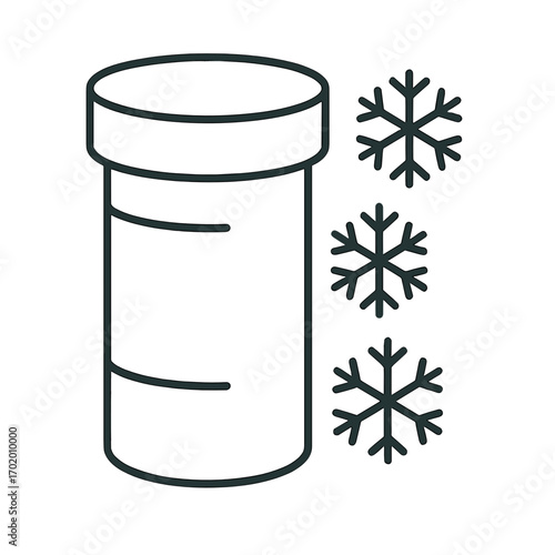 Minimalist line icon representing cryobiology, featuring a storage container with snowflakes symbolizing freezing and preservation of biological samples.