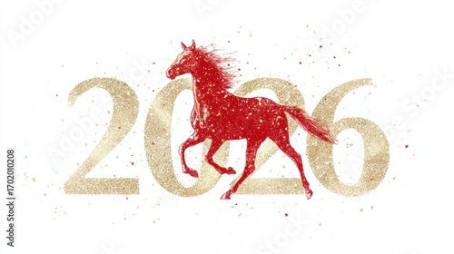 a stylized red horse figure running over sparkling golden glitter numbers 2026 on a clean white background.