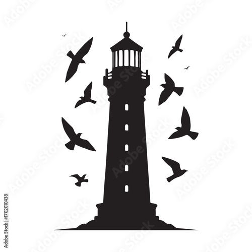 lighthouse on a rocky cliff with waves crashing seagulls flying above vector silhouette clip art logo design illustration