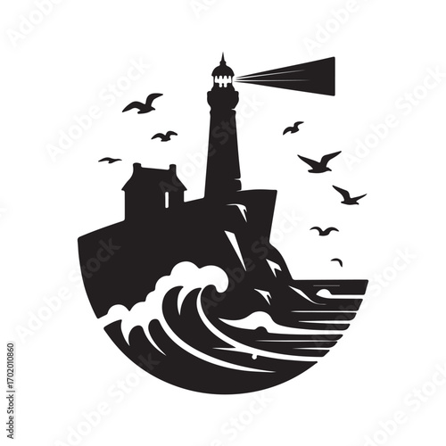 lighthouse on a rocky cliff with waves crashing seagulls flying above vector silhouette clip art logo design illustration