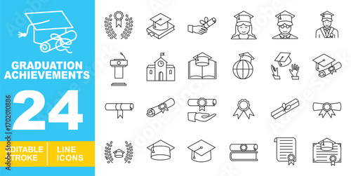 Graduation Achievements line icon set. Wreath, cap, book, hand, graduate, student, podium, school, globe, gloves, scroll, diploma, ribbon, document, certificate. Editable stroke icons collection.