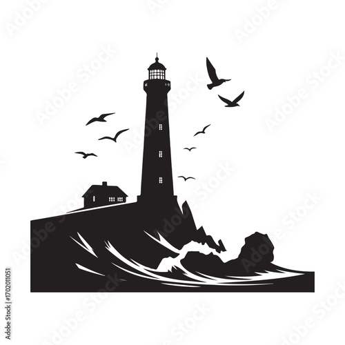 lighthouse on a rocky cliff with waves crashing seagulls flying above vector silhouette clip art logo design illustration