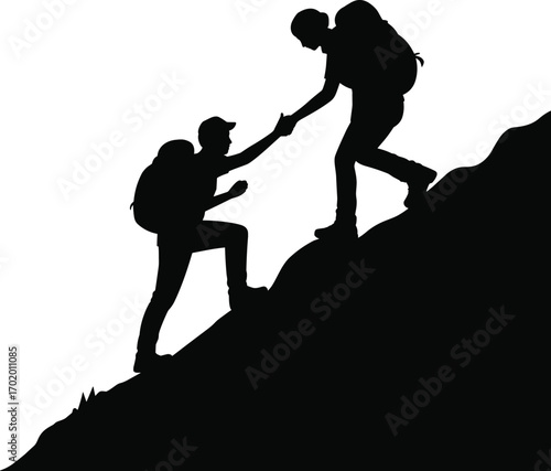 Silhouette of two hikers climbing mountain, helping each other, teamwork, outdoor adventure, support in hiking, mountain climbing, backpackers illustration