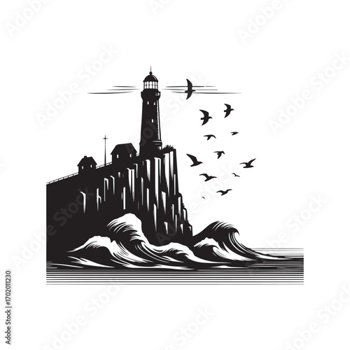 lighthouse on a rocky cliff with waves crashing seagulls flying above vector silhouette clip art logo design illustration