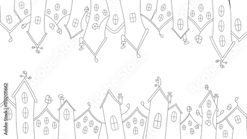Upside down and right side up cartoon houses with oval windows in a black and white line drawing style