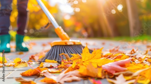 Wallpaper Mural Autumn cleanup: Sweeping vibrant fall leaves from a paved path under warm sunlight. Seasonal outdoor chore. Torontodigital.ca