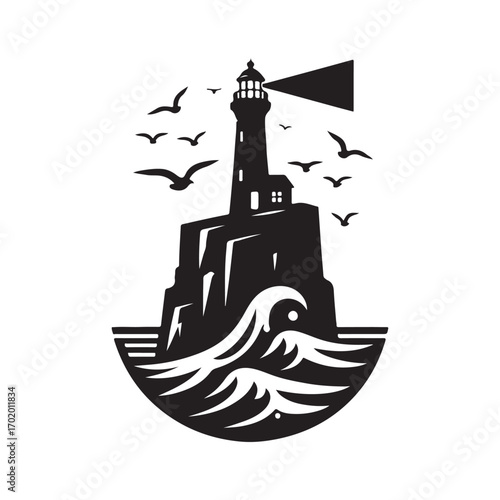lighthouse on a rocky cliff with waves crashing seagulls flying above vector silhouette clip art logo design illustration